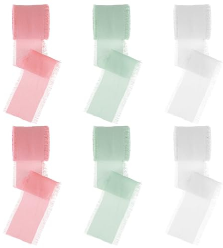 6 Rollos Cinta de Regalo, Cinta Verde Blanca Rosa, Cinta de Gasa, 4 cm x 30 m (Largo Total), Cinta de Tela, Cinta de Seda con Flecos Finos para Bodas Decoraciones Manualidades DIY
