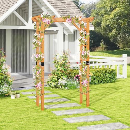 GOPLUS Arche de Jardin en Bois Massif pour Plantes ou Fleurs Grimpantes, Treillis à Rosiers pour Décoration de Fête/Mariage/Cérémonies, pour Entrée,Patio, 140X60X215CM