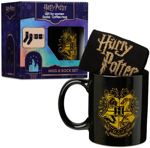 Get Trend Harry Potter-mugg och strumpor presentset för tonåringar och kvinnor, 340 ml/13 oz keramisk tekopp och vardagliga vadstrumpor, Hogwarts presenter till henne (svart Harry Potter)