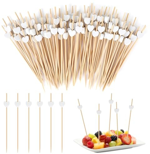 100 brochetas para comida para dedos, brochetas de frutas, 12 cm, palillos de bambú con forma de corazón, pinchos de madera, accesorios decorativos para cumpleaños, bodas y fiestas de carnaval