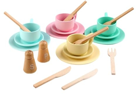 F Fityle Assiettes, Couverts, Tasses, Jeu de rôle, Vaisselle de Cuisine, Jouet en Bois, Cadeau d'anniversaire pour Tout-Petits