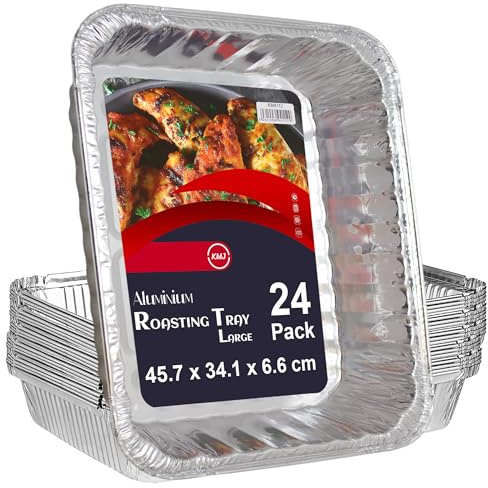 KMJ 24 Pack 18 x 13 Heavy Duty X-Large Foil Trays | Premium Aluminium Foil Tray | Heavy-Duty Tin Foil Trays | Oven-Safe Traybake Tin | Large Foil Tray for Baking, Roasting & Catering | Recyclable