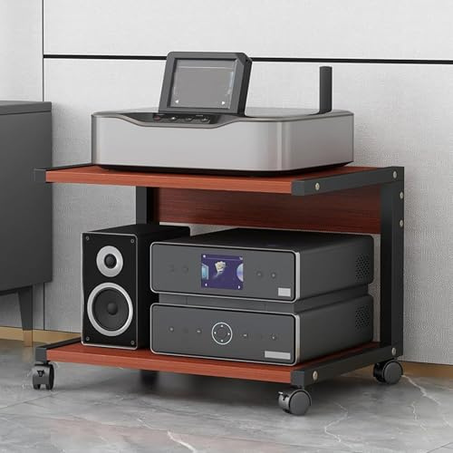 HiFi Speaker Stand Mobile Printer Support Table 2Level TV Unit Rolling Record Player Furniture Wooden Side Table for Home Office School (Black 50x40x30cm)