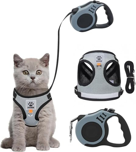Cat Harness and Lead Set, Escape Proof Kitten Harness with Cat Leash, 3 M Automatic Retractable Lead for Garden, Reflective Adjustable Soft Vest for Pet Walking (Grey, S)