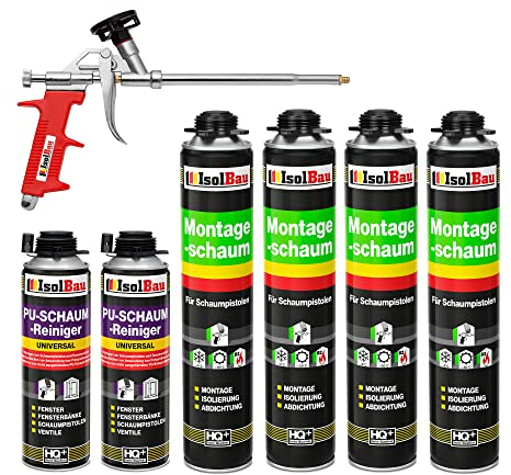 Isolbau Bauschaum-Set - Inkl. 4 x 1K Montageschaum B2 Pistolenschaum mit hervorragender Schall und Wärmedämmung (je 750 ml), 2 x PU-Schaum-Reiniger (500 ml) & 1 x Schaumpistole, Dämmen
