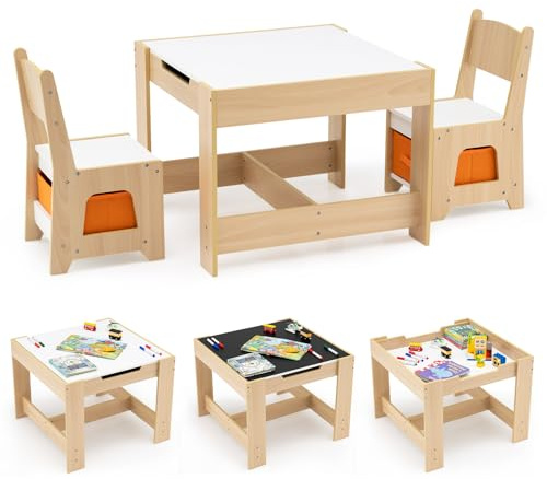COSTWAY Juego de Mesa y Sillas Infantil, Mesa de Actividades 3 en 1 para Niños con Superficie Reversible y Cajas de Almacenaje, Set de Muebles Infantil de 3 Piezas (Naranja)