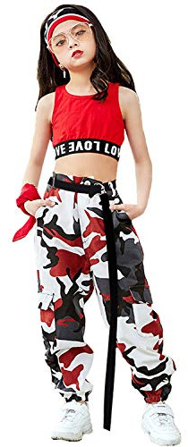 LOLANTA 2 Pezzi Ragazze Hip Hop Street Dance Solo Set, Crop Tank Top + Pantaloni Jogger mimetici, Rosso, 13-15 anni, 170