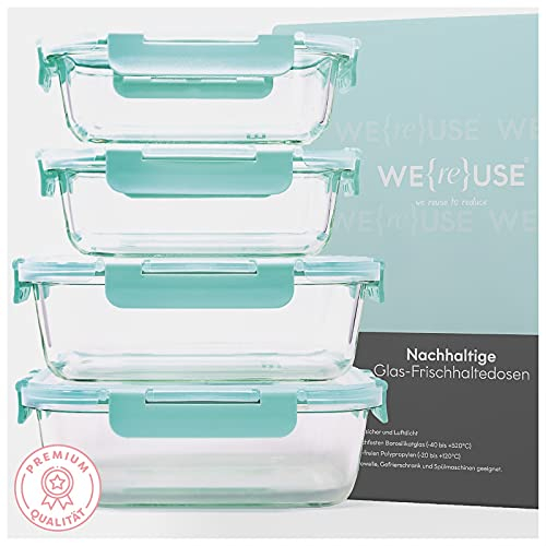 WE{RE}USE WEreUSE Frischhaltedosen Glas - 4er Set 2x 1040ml, 2x 640ml - Hochwertige Glasbehälter mit Deckel - Auslaufsichere Frischhaltedosen - meal prep boxen glas - BPA frei