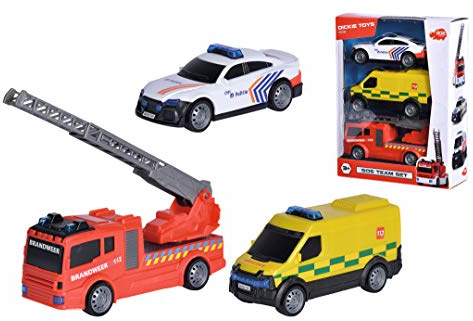 Dickie Toys 203712015014 – SOS Team Set Belgien, leksaksbil med frihjul, polisbil, ambulans, brandbil, från 3 år