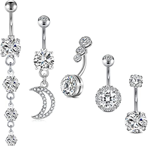 Mayhoop Anillos de ombligo colgantes de acero inoxidable 14G para ombligo, ombligo, con incrustaciones de circonita cúbica para mujeres y hombres, Metal, circonita cúbica,