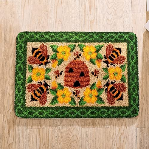 Latch Hook Kit for Adults & Kids - Flowers and Bees Pattern 60x40cm, Complete DIY Rug Making Craft Kits with Yarn & Canvas and Crochet Needle, Adult Craft Kits for Women, Relaxing Home Art Project