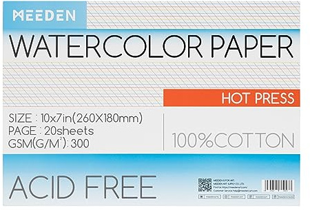 MEEDEN Bloque de Acuarela de Algodón 100%, 20 Hojas, 140lb/300gsm, Papel de Arte Libre de Ácido para Gouache y Más, 26×18 cm, Prensa Caliente