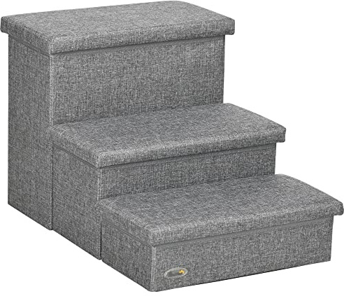 PawHut Scala per Cani e Gatti max 5kg a 3 Gradini con Spazio Interno, in Tessuto Effetto Lino e MDF, 63.5x42.5x40.5 cm, Grigio Chiaro