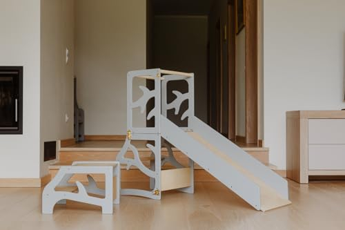 Weco Montessori Kinder Lernturm 3 in 1 Baum Design mit Rutsche und Tritthocker FSC Zertifikat Schreibtisch Montessori Möbel Küchenhelfer klappbar Stylisch Lernturm (Grau)