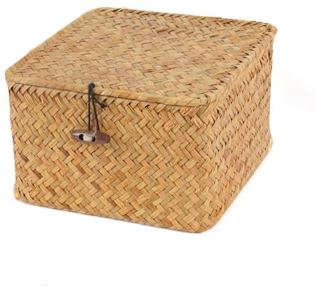 Moosky Wicker Shelf Baskets with Lid, Handwoven Seagrass Storage Basket Bins Square Gift Boxes for Shelves Home Decor Organizer (Natural, X-Small)