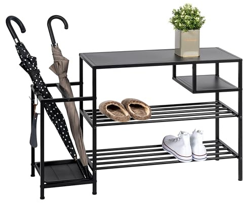 eluno offenes Schuhregal für 6 Paar Schuhe aus Metall mit 4 Ablagen, Schirmständer, 2 Haken, höhenverstellbare Füße, Schuhständer, Schuh-Organizer ca. 96 x 30,5 x 59 cm (Schwarz)