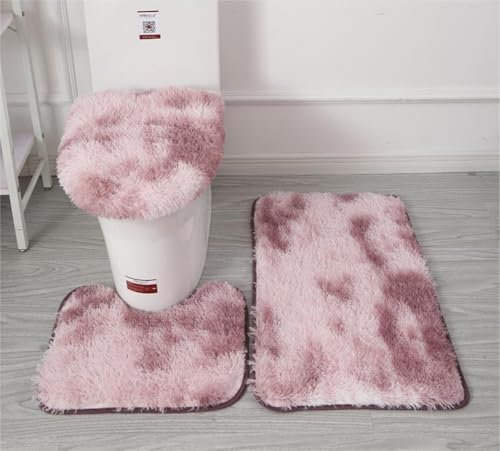 Weiche Mikrofaser-Badezimmerteppich-Set, 3-teilig, rutschfeste Badematte, flauschiger Plüsch-WC-Sitzbezug für Badezimmer, wasserabsorbierende Badematte, maschinenwaschbar (rosa lila)