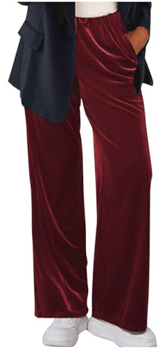 Velvet Trousers for Women UK Elastic Waist Straight Wide Leg Trousers Velour Retro Lounge Pants Stretch Baggy Sweatpants Drawstring Sports Trousers Comfort Work Joggers with Pockets Wine
