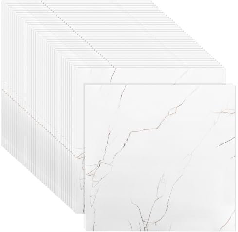 CYEER 40 Stück PVC Bodenbelag Selbstklebend 30x30CM, Vinylboden Selbstklebend Wasserfest Rutschfest, Selbstklebende Bodenfliesen für Küche, Wohnzimmer, Badezimme(Weiß Marmoriert)