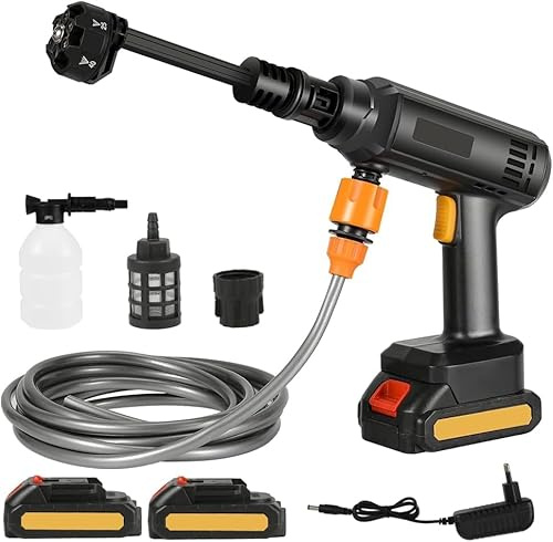 Akku Hochdruckreiniger 21V 60 bar, Tragbarer Druckreiniger Pistole mit 2 x 3.0 Ah Akku, 6-in-1 Verstellbare Düse, Schaumsprüher, 5m Schlauch, Hydroblast für Pet, Gärten, Auto, Boden