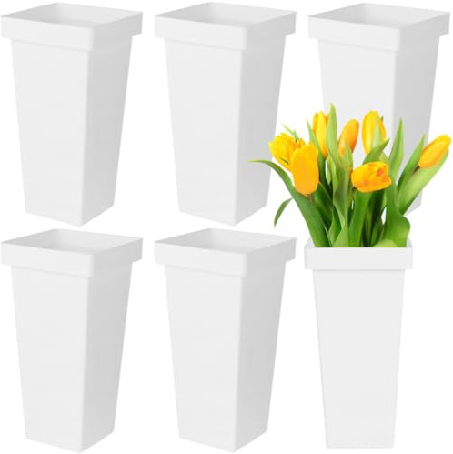 YOFAPA 6 Pcs Plastic Flower Buckets, 13.4in White Square Flower Display Buckets, Modern Floral Vases for Cut Flowers, Tall Decorative Vases for Centerpieces, Stylish Buckets for Home, Wedding Decor