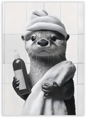 LunarCharm Decorazione Bagno Quadri Poster Un simpatico lontra con cappello da bagno Divertente Poster, Stampa su tela per il bagno, Senza cornice - 20 X 30 cm