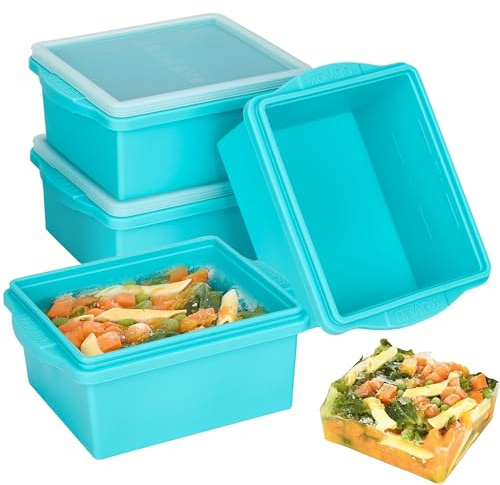 Xomoo 2 Cup Silicone Freezer Trays with Lids, Silicone Soup Freezer Molds - Leakproof, BPA-Free, Stackable, Microwave & Dishwasher Safe, Perfect for Soups, Sauces, Meal Prep, and Baked Goods - 4 Pack