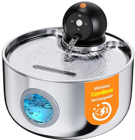 Fuente para Gatos sin Cable: Bebedero Gatos Automatico Acero Inoxidable con Sensor de Movimiento - 2.6L Fuente de Agua para Gato Inalambrica con Bateria Recargable - Dispensador Agua Perros