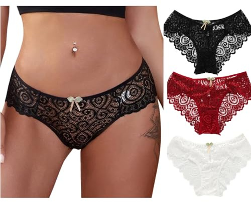 Donna Mutandine Pizzo Sexy Lingerie Mutande Traspirante Morbida Slip Biancheria Intima Pizzo Hot Fiocco Brasiliana Slip Confortevole Perizoma a Vita Bassa (IT, Testo, M, Regular, Regular, 3 Pezzi)