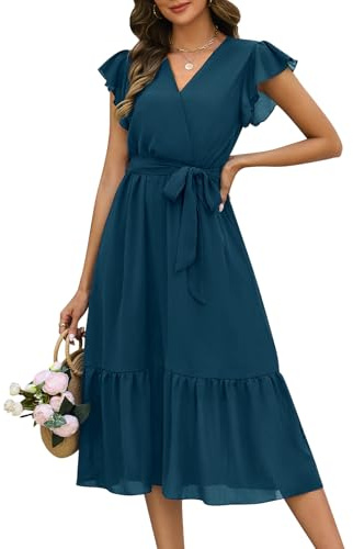 Fashora Robe Longue Femme Été Chic et Elegant Col en V Robes Fluide Taille Haute Décontractée Boheme Robe de Plage à Manches à Volants A-Line Casual Robes D'été