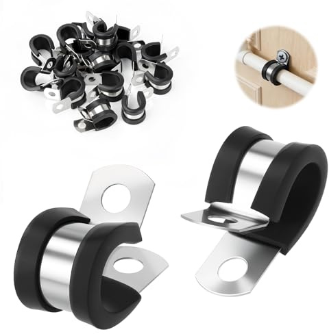 mawmuaw 25 Pezzi Fascette Stringitubo con Inserto di Gomma 30 mm Morsetto a P per Tubo Flessibile in Acciaio Inox 304 Clip a P Rivestite in Gomma Fascette Fermatubo P-Clips Staffa per Tubi Cavi