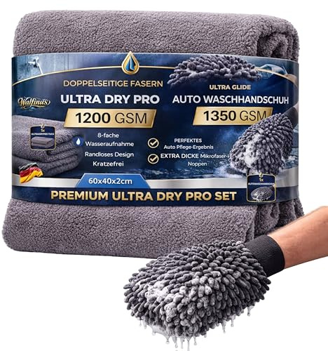 Premium ULTRADRY PRO Trockentuch 1200 GSM (60x40cm) & Ultra Glide Autowaschhandschuh 1350 GSM Extrem Saugstarkes Auto Pflege Set Kratzfrei Profi Detailing, Streifenfrei für Auto, Bad, Glas & Küche