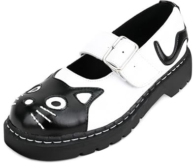 T.U.K. Black/White Kitty Cat Round Toe Mary Jane Shoes, US Women 9