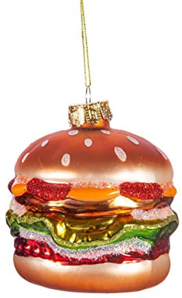Sass & Belle Pallina a forma di hamburger - Palla di vetro 8cm - Decorazione natalizia da appendere - Cibo - Natale