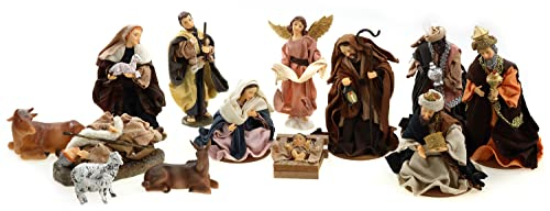 Unbekannt Krippenfiguren Set 13tlg mit Kleidern, Heilige Familie, Heilige 3 Könige, Engel & Hirten H.: 17cm Weihnachtskrippe Figuren Krippenzubehör Weihnachtsdeko