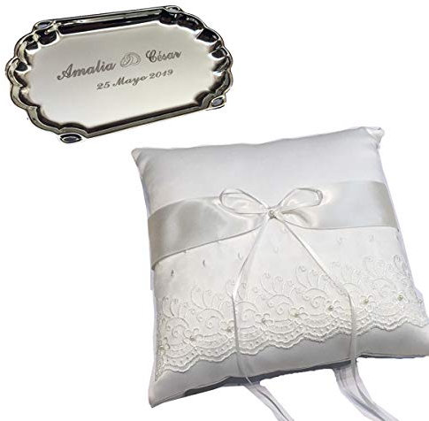 Cojín y bandeja de bodas para alianzas y arras GRABADA con los nombres y fecha