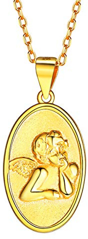 FOCALOOK Collier Femme Argent 925 Plaqué Or Pendentif Ovale avec Figure Ange Gravure Délicate avec Chaîne Fine 1.4mm/50cm