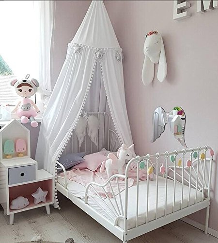 Baldacchino con piccoli pompon, per bambini, letto in cotone, zanzariera da appendere per camera da letto, altezza 240 cm, lunghezza orlo 270 cm, baldacchino con palla a baldacchino (bianco)