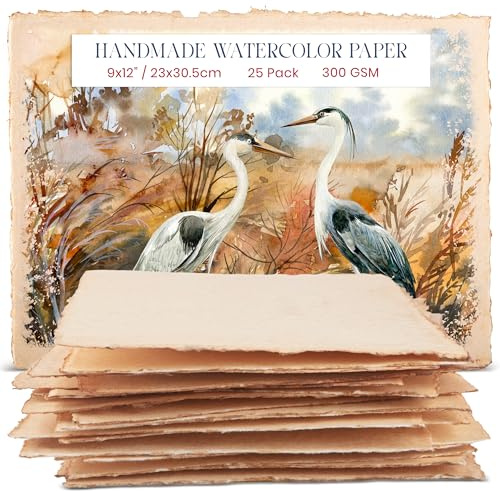 Wanderings Carta per Acquerello Vintage Spessa Fatta a Mano con Bordo Irregolare – 23×30,5 cm – 300 GSM – Carta Anticata Pressata a Caldo per Tecniche Miste in Cotone Riciclato – 25 Fogli Sfusi