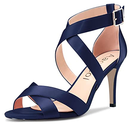 Aachcol Femmes Sandales Ouvert Bout Lanières Cheville Aiguille Haut High Talon Heel Dress Chaussures Escarpins Bureau Mariage Satin Bleu Marine 8 CM 38 EU