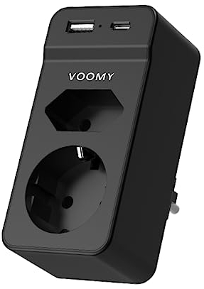 VOOMY Presa Multipla 4 in 1, Multipresa con USB, Prese Elettriche con 2 Prese 1 USB e 1 Tipo C, 4000W Adattatore Spina Protezione da Sovratensione e Cortocircuito, Nero