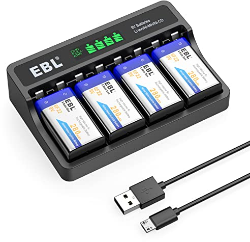 EBL LCD Cargador Inteligente con 4 x Pilas Recargables 9V Ni-MH Carga Rápida Puerto con Tipo C o Micro USB