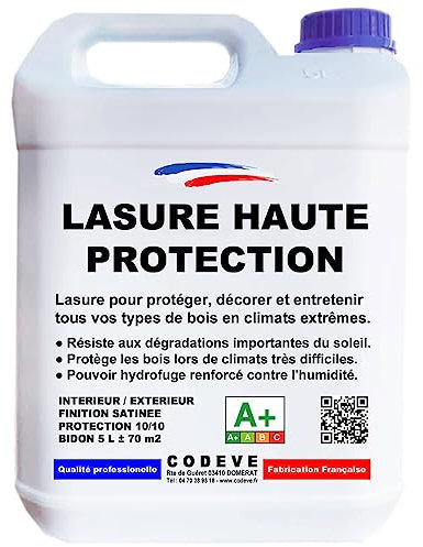Lasure Haute Protection - Codeve Bois/Chêne - 5 L - Intérieur/extérieur - Pour Une Protection Optimum De Vos Bois En Climat Extrême.