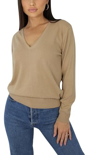 Pull Femme Col en V en Cachemire, Fabriqué en Italie (FR/ES, Alpha/Lettres, S, Taille Normale, Taille Normale, Camel)