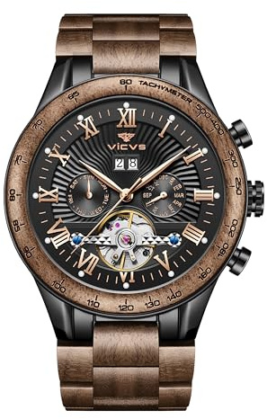 VICVS Montre Automatique pour Hommes Noyer Naturel Bracelet Sport Date Montre Automatique Multifonction en Bois