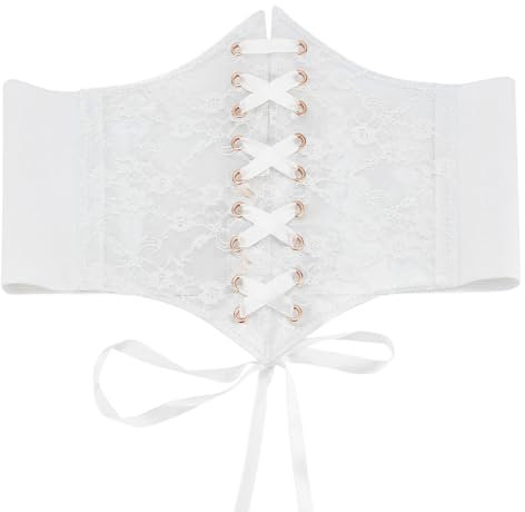 MAYJOYDIY Weißer Vintage Korsett Taillengürtel Zum Schnüren Elastisch Breit Für Damen Transparente Spitze Gehäkeltes Blütenblattband Gebundener Waspie Gürtel Für Hemden Kleidung Kostüm Taillenbund