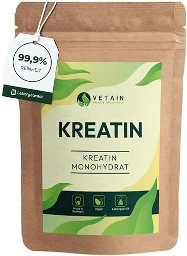 VETAIN Creatin Monohydrat Pulver 500g - Ultrafein (Mesh 200) - 100 Portionen reines Kreatin - optimal hochdosiert - vegan & ohne unnötige Zusätze - produziert & laborgeprüft in Deutschland