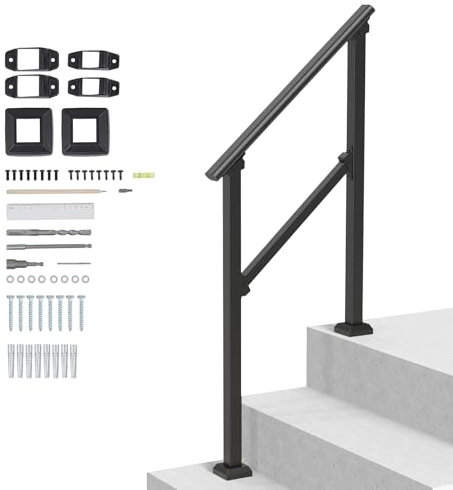 VEVOR Corrimano per Gradini Esterni a 2-3 Gradini, Ringhiere in Acciaio al Carbonio di Transizione con Kit di Installazione, Corrimano per Scale per Anziani, Gradini in Cemento, Tubo Quadrato Nero