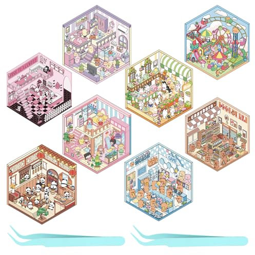 DIY 3D House Stickers,8 Sets 3D Sticker Scene Fun,Sticker Scene and 2Pcs Tweezers，3D Aufkleber Szenen für Kinder und Erwachsene，DIY 3D Sticker Scene Stickers