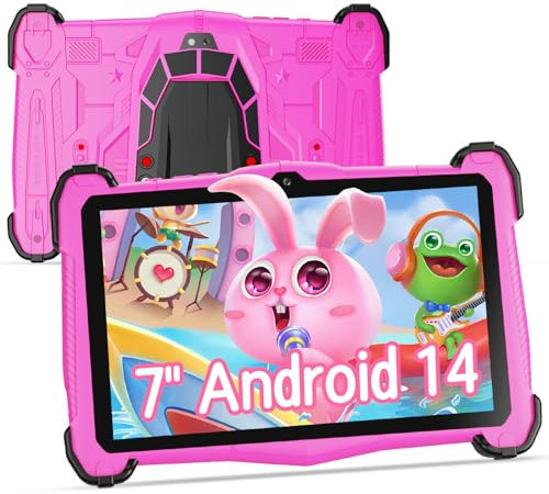 EagleSoar Tablet para niños 7 Pulgadas, Apta de 3 a 12 Años, Android 14, 10GB RAM 64GB ROM 1TB Ampliable, con Software de Aprendizaje iWawa y Controles Parentales, Batería 4000 mAh, Octa Core, Rosa